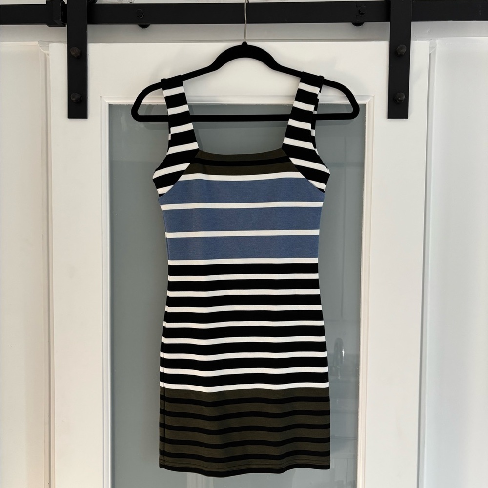 Topshop Striped Black, White, Blue and Green Sleeveless Mini Dress